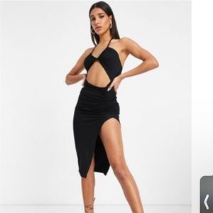 ASOS DESIGN cut out strappy halter midi dress with side split in black